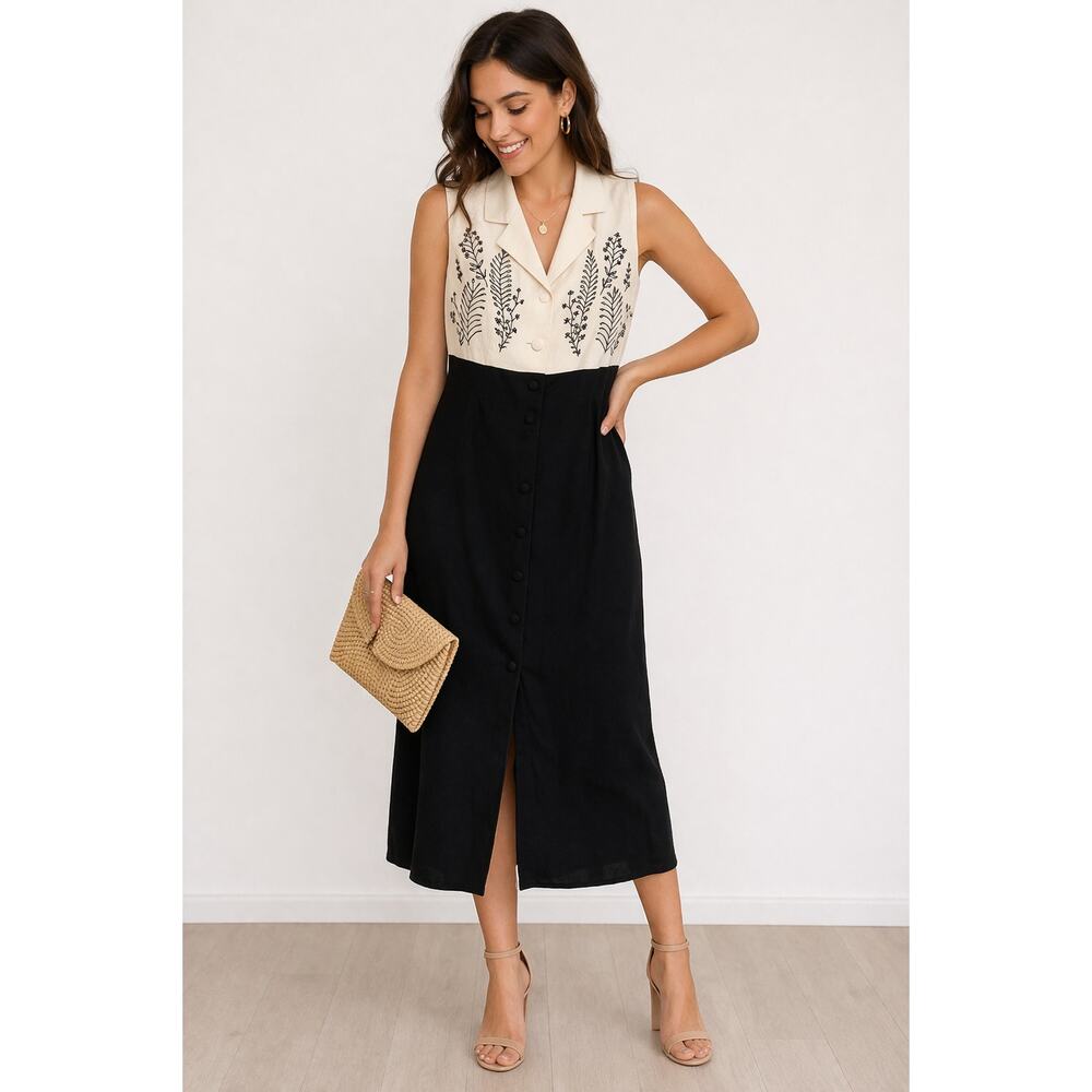 MHM Melissa Harper Black Cream Embroidered Midi Dress Womens Size 12